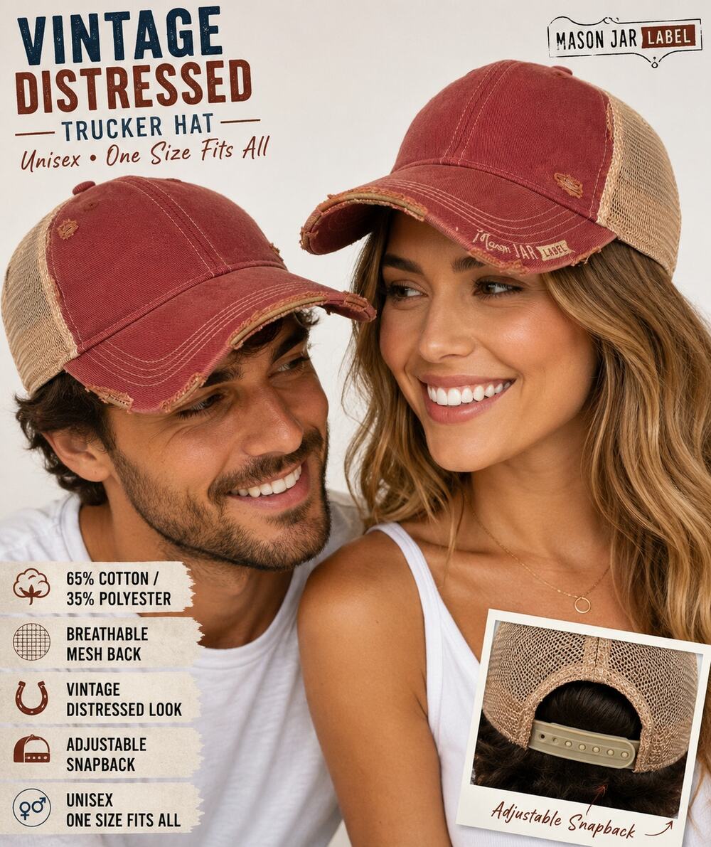 Mason Jar Label Unisex Vintage Distressed Red Trucker Hat Adjustable